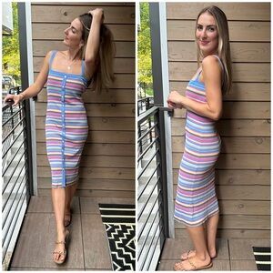 FRNCH Paris Warner Midi Dress Colorful Striped Knit Bodycon Stretch Ribbed Sz S